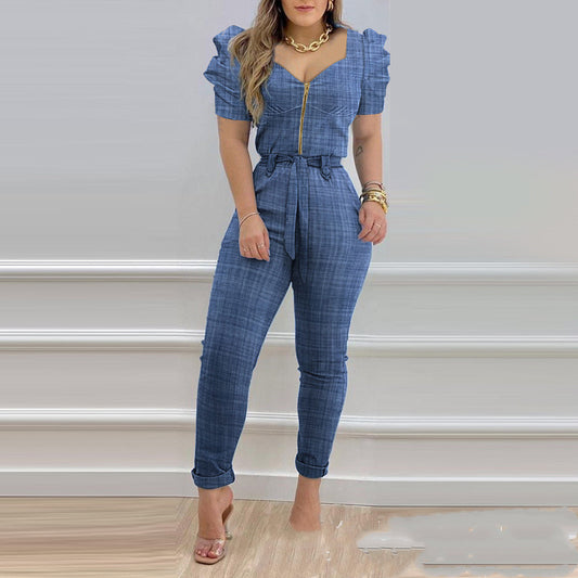 European And American Puff Sleeve Lace-up Jumpsuit Women