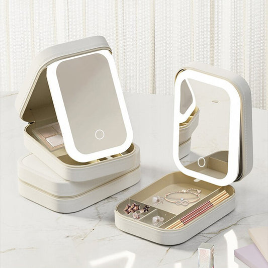 Boîte de rangement de maquillage avec miroir lumineux LED, boîte de rangement Portable de voyage pour cosmétiques et cosmétiques, organisateur de rangement à lumière tactile